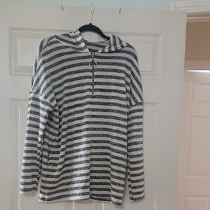 white birch Black & White Striped Half-Zip Hooded Sweater